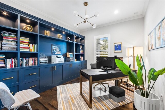 office space featuring a chandelier and ornamental molding