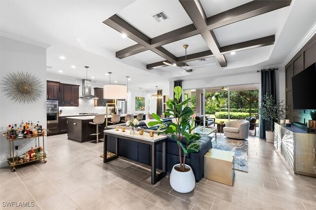living room with plenty of natural light, coffered ceiling, beamed ceiling, light tile patterned floors, and recessed lighting