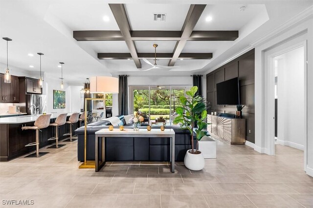 living room with beamed ceiling, recessed lighting, light tile patterned flooring, coffered ceiling, and baseboards