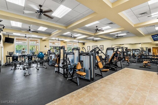 gym featuring a ceiling fan, healthy amount of natural light, beamed ceiling, and coffered ceiling