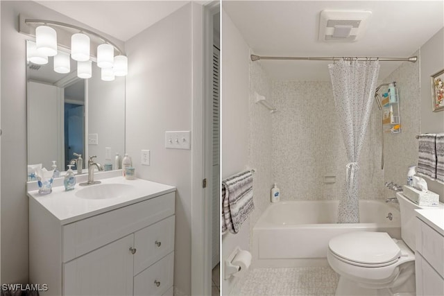 325 Charlemagne Blvd Unit A104, Naples, FL 34112 - bathroom featuring vanity, shower / bathtub combination with curtain, toilet, and tile patterned floors