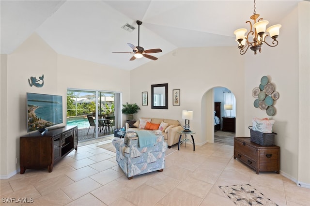 1222 SW 54th St, Cape Coral, FL 33914 - living area with arched walkways, ceiling fan, high vaulted ceiling, a chandelier, and baseboards