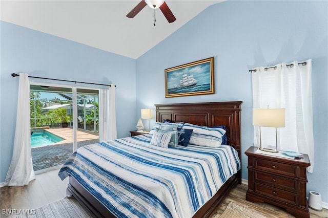 1222 SW 54th St, Cape Coral, FL 33914 - bedroom featuring access to outside, a ceiling fan, high vaulted ceiling, baseboards, and light wood-type flooring