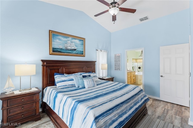 1222 SW 54th St, Cape Coral, FL 33914 - bedroom with light wood-type flooring, ensuite bathroom, baseboards, ceiling fan, and high vaulted ceiling