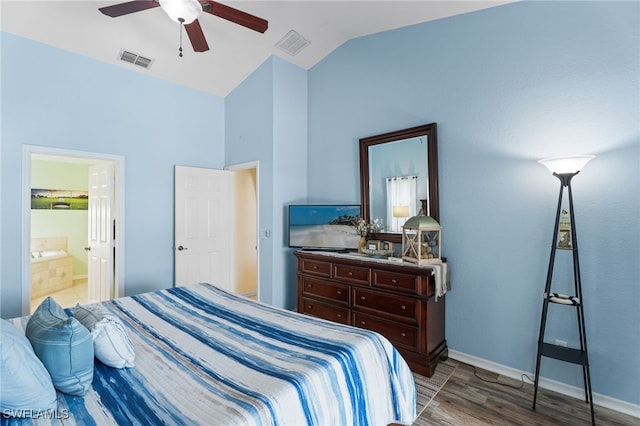 1222 SW 54th St, Cape Coral, FL 33914 - bedroom featuring lofted ceiling, wood finished floors, a ceiling fan, baseboards, and ensuite bath