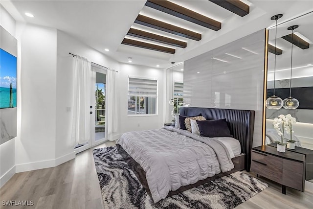 bedroom featuring light wood-type flooring, access to exterior, baseboards, beam ceiling, and recessed lighting