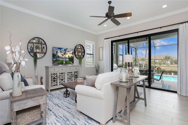 1421 Lucena Ln S, Naples, FL 34113 - living area with a ceiling fan, healthy amount of natural light, recessed lighting, and ornamental molding