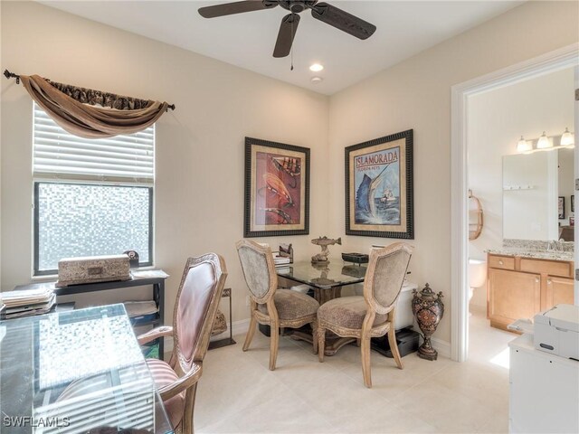 9340 Woodhurst Dr, Naples, FL 34120 - dining space featuring light tile patterned floors, baseboards, ceiling fan, and recessed lighting
