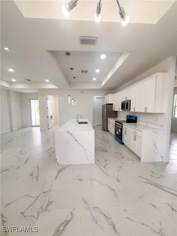 3210 30th St SW, Lehigh Acres, FL 33976 - kitchen with a tray ceiling, visible vents, a sink, white cabinetry, and appliances with stainless steel finishes