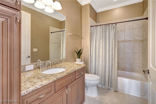 full bathroom with tile patterned flooring, ornamental molding, toilet, shower / bathtub combination with curtain, and vanity