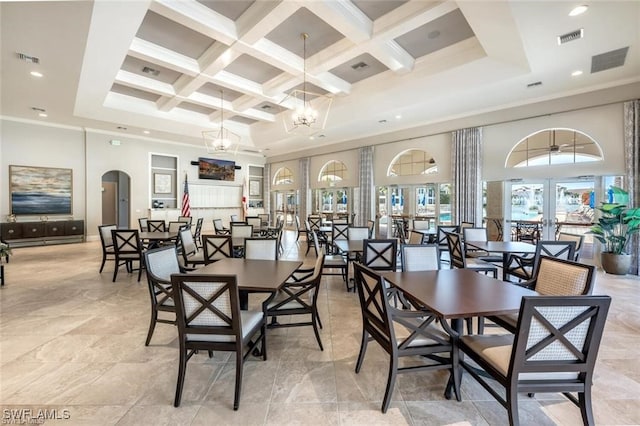 dining area with a high ceiling, arched walkways, coffered ceiling, beamed ceiling, and crown molding