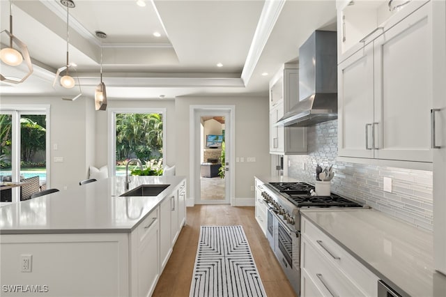 kitchen with a sink, a raised ceiling, range with two ovens, wall chimney exhaust hood, and tasteful backsplash