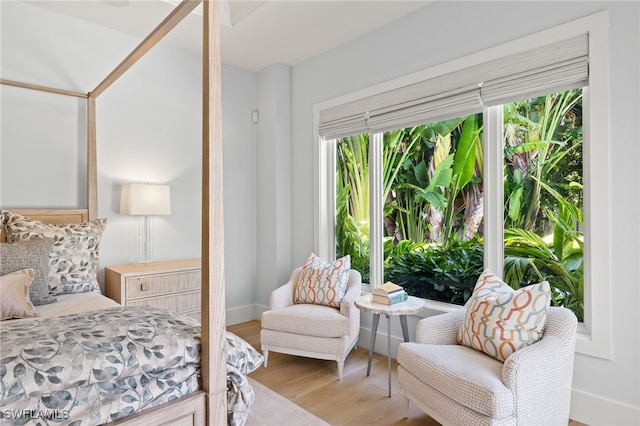 bedroom with multiple windows, wood finished floors, and baseboards