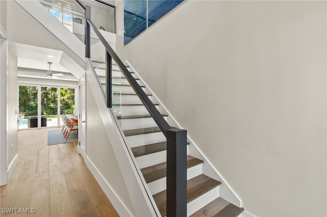 staircase featuring plenty of natural light, hardwood / wood-style floors, baseboards, and a high ceiling