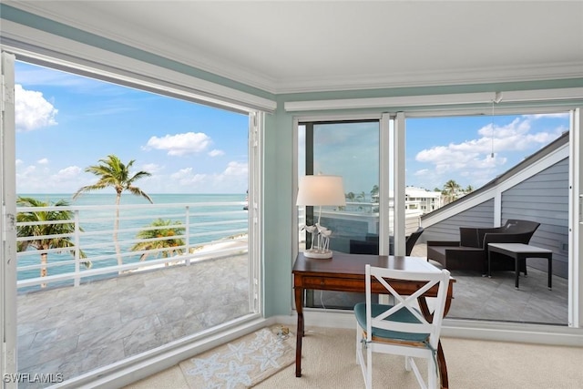sunroom / solarium featuring a water view, crown molding, and carpet flooring