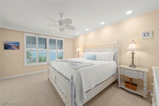 bedroom with light carpet, baseboards, ornamental molding, recessed lighting, and ceiling fan