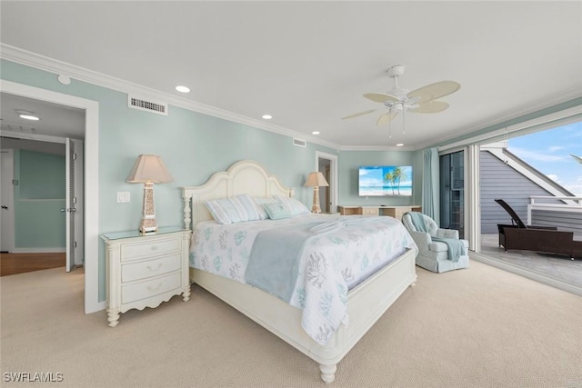bedroom with light colored carpet, ornamental molding, recessed lighting, ceiling fan, and baseboards