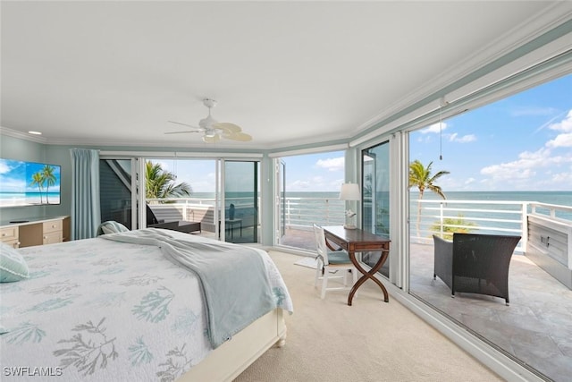 bedroom featuring crown molding, access to outside, light carpet, a water view, and a ceiling fan