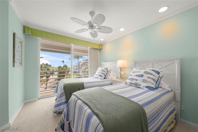 carpeted bedroom with ornamental molding, baseboards, a ceiling fan, recessed lighting, and access to exterior