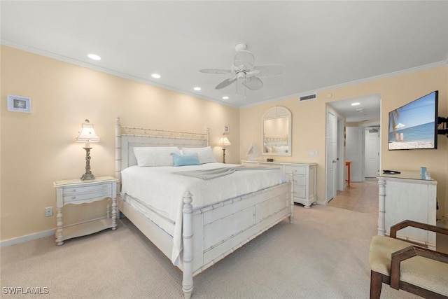 bedroom featuring light carpet, crown molding, baseboards, recessed lighting, and ceiling fan