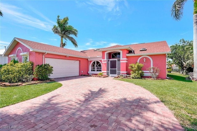 view of front of property with decorative driveway, a garage, a front yard, and stucco siding