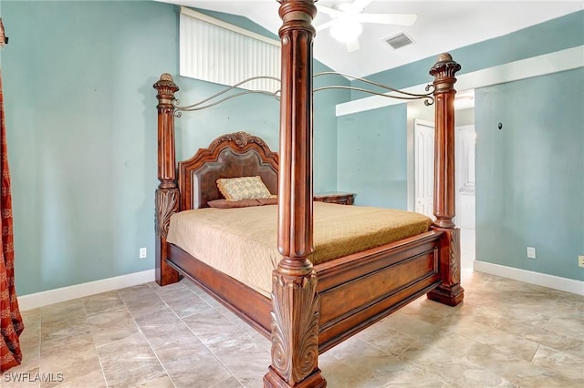 bedroom with baseboards, a ceiling fan, and vaulted ceiling