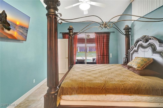 tiled bedroom featuring access to exterior, baseboards, and a ceiling fan