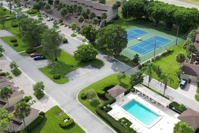 drone / aerial view of a pool