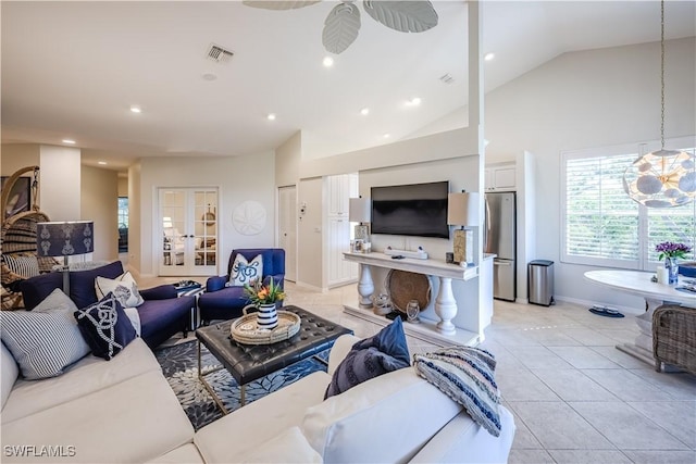 living area featuring light tile patterned flooring, french doors, baseboards, recessed lighting, and high vaulted ceiling