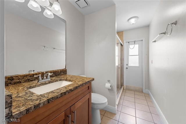 bathroom featuring toilet, a stall shower, visible vents, tile patterned flooring, and vanity