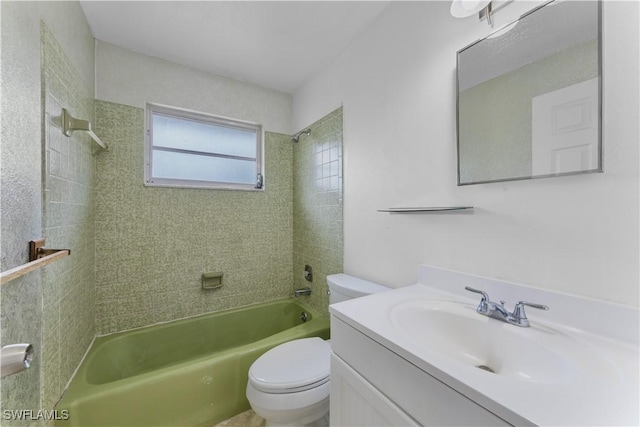 full bathroom featuring toilet,  shower combination, and vanity