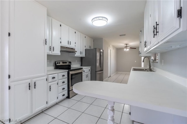5295 17th Ave SW, Naples, FL 34116 - kitchen with a sink, stainless steel appliances, under cabinet range hood, ceiling fan, and white cabinetry