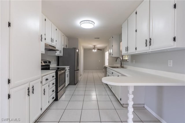 5295 17th Ave SW, Naples, FL 34116 - kitchen featuring a sink, under cabinet range hood, light countertops, a ceiling fan, and appliances with stainless steel finishes
