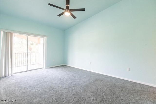 carpeted spare room with lofted ceiling, baseboards, and ceiling fan