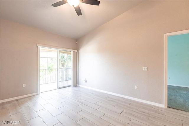 unfurnished room featuring wood finish floors, baseboards, and a ceiling fan
