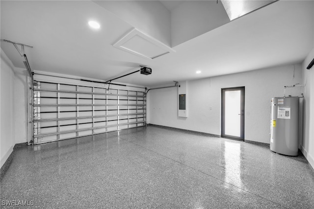 garage featuring recessed lighting, baseboards, electric panel, a garage door opener, and water heater