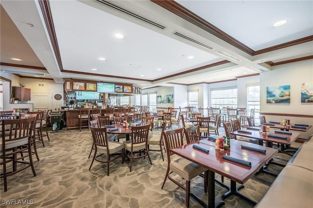dining room featuring ornamental molding, beam ceiling, and coffered ceiling