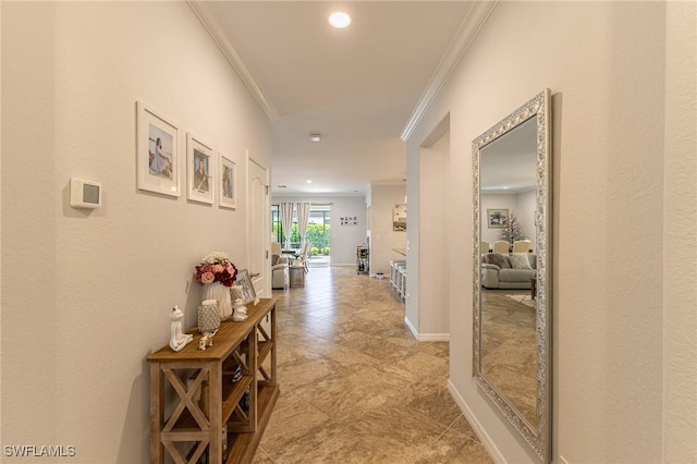 9231 Shadow Oak Ln, Naples, FL 34120 - hallway featuring ornamental molding, baseboards, and recessed lighting