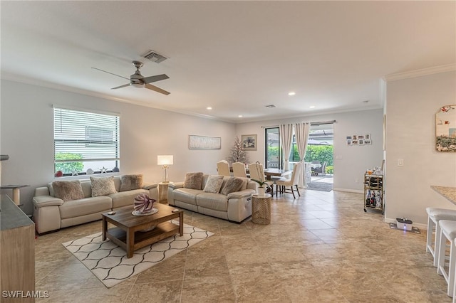 9231 Shadow Oak Ln, Naples, FL 34120 - living room with recessed lighting, baseboards, ceiling fan, visible vents, and crown molding