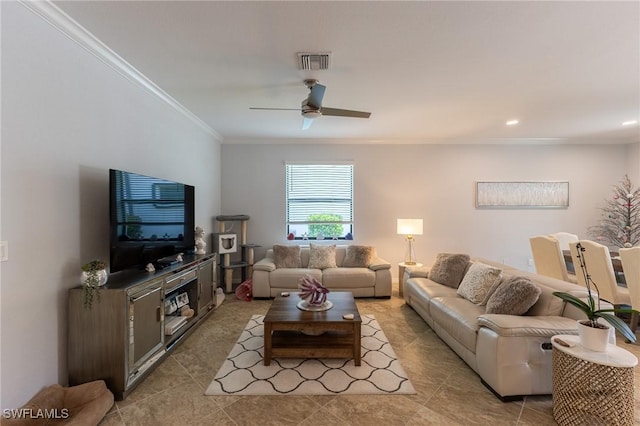 9231 Shadow Oak Ln, Naples, FL 34120 - living room with light tile patterned floors, a ceiling fan, visible vents, ornamental molding, and recessed lighting