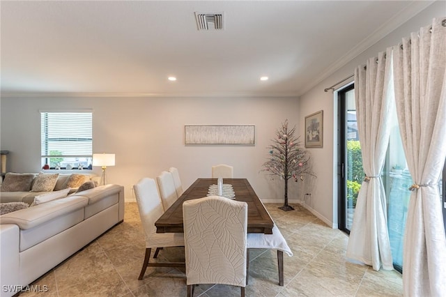 9231 Shadow Oak Ln, Naples, FL 34120 - dining area with visible vents, recessed lighting, crown molding, light tile patterned floors, and baseboards