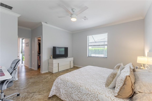 9231 Shadow Oak Ln, Naples, FL 34120 - bedroom with a closet, visible vents, crown molding, a spacious closet, and a ceiling fan