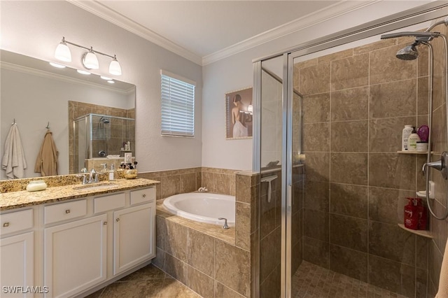 9231 Shadow Oak Ln, Naples, FL 34120 - bathroom with a bath, a shower stall, tile patterned flooring, vanity, and crown molding