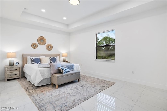 bedroom featuring light marble finish flooring, baseboards, a raised ceiling, and recessed lighting
