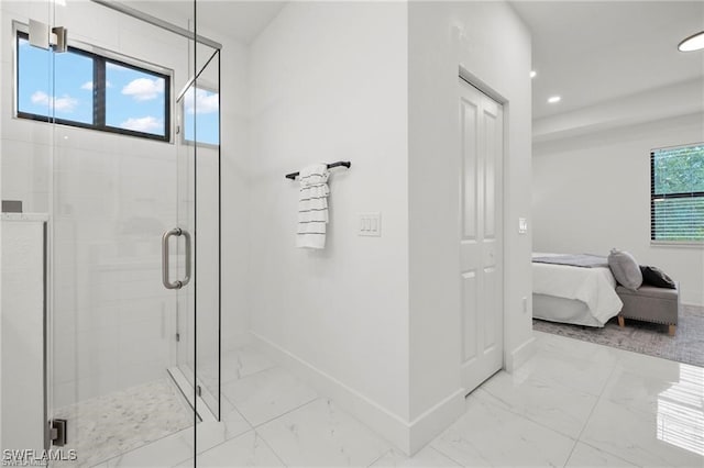 bathroom featuring ensuite bath, marble look tiles, baseboards, recessed lighting, and a shower stall