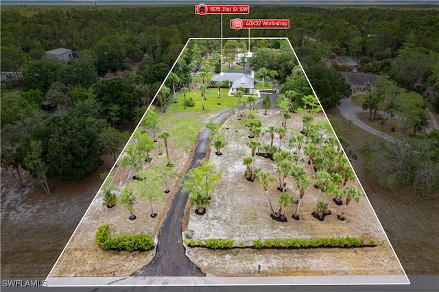 aerial overview of property's location with a forest and property parcel outlined