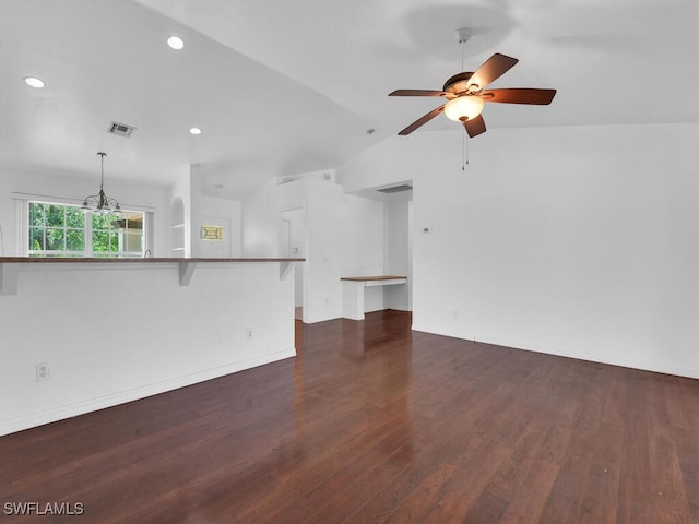 3212 29th St SW, Lehigh Acres, FL 33976 - unfurnished living room featuring visible vents, dark wood-style flooring, ceiling fan, lofted ceiling, and recessed lighting