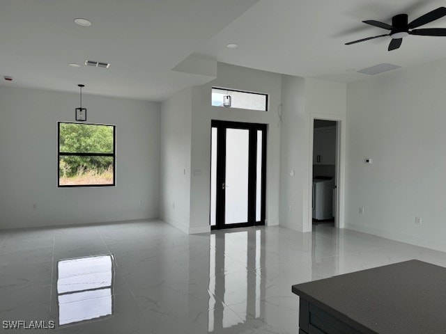 unfurnished living room featuring baseboards, a ceiling fan, visible vents, and recessed lighting