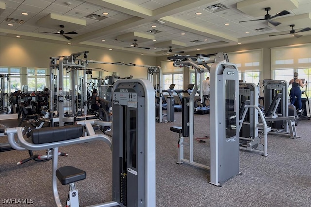 workout area featuring a ceiling fan, visible vents, carpet, and coffered ceiling