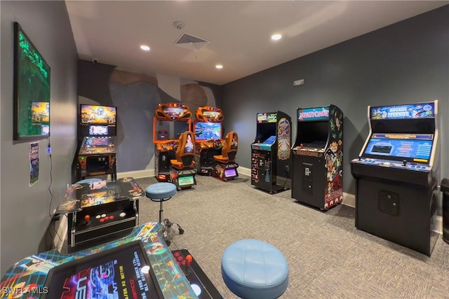 recreation room with baseboards, recessed lighting, visible vents, and carpet